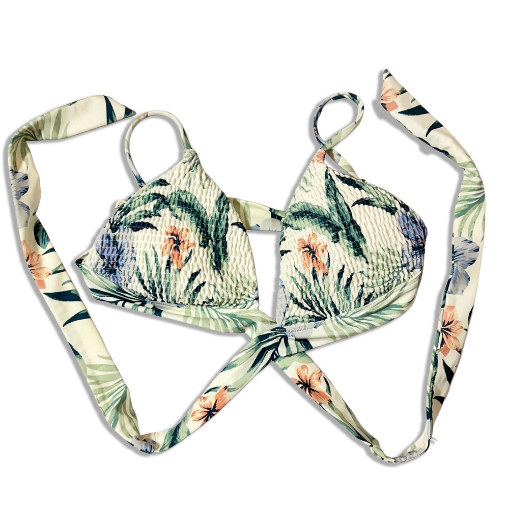 Hollister Swim Tropical Smocked Wrap Triangle Halter Bikini Top Womens S